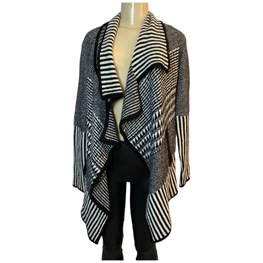 Juliette Jake Women Black Ivory Open Cardigan Striped Wool Blend Small